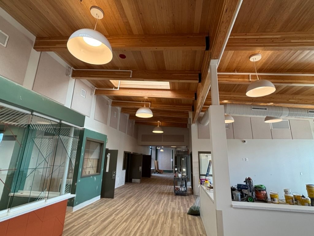 Pendant lighting along the main corridor of the DSHS clinic in Vancouver, WA, installed by Heritage Electric